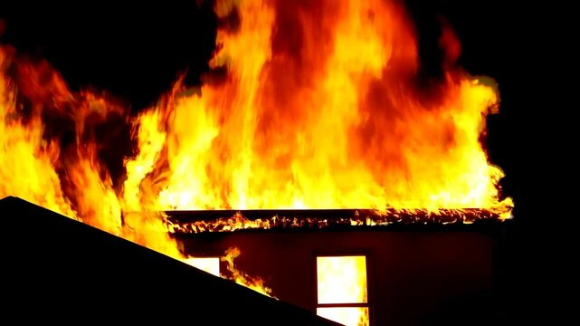 A dramatic medium shot of a house roof engulfed in intense flames, burning against the black night sky