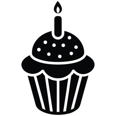 Simple black icon of a frosted cupcake with a single lit candle