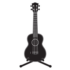 Isolated black silhouette of an ukulele on a stand depicting music and musical instruments