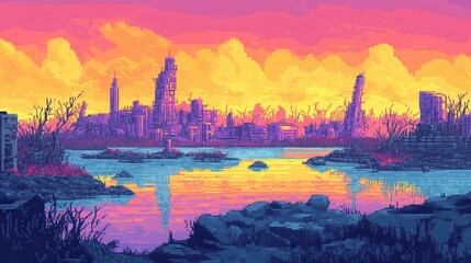 Naklejka premium Pixel art of a ruined cityscape by a tranquil body of water.