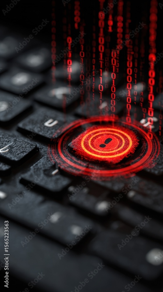 Poster closeup view of a laptop showing a red alert icon surrounded by abstract binary code graphics convey