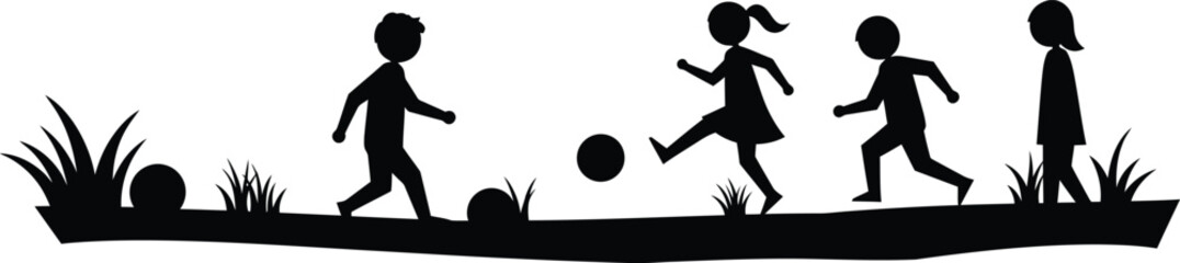 Illustration of Minimalist vector design of children playing outdoor by a world-class graphic designer. black and white,  no text, minimalist, abstract, clean white b © Tharindu