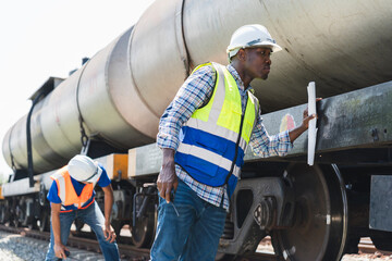 Railroad Workers Inspecting Tank Cars on Tracks, Engineers Checking Cargo Train Wheel and Undercarriage, Industrial Team Conducting Maintenance on Freight Train