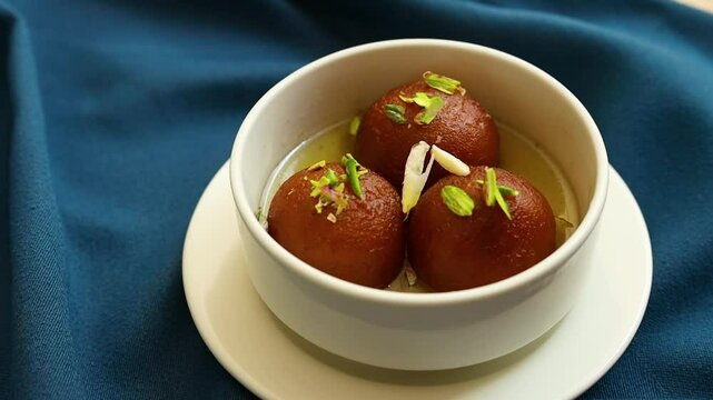 Gulab jamun or kala jaam an indian fried dessert dipped in sugar syrup