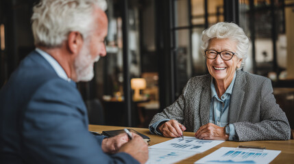 A financial advisor consulting an elderly client in an office, discussing investments and retirement planning, professional guidance, trust, and personalized advice.