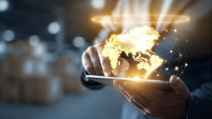 Hands engage with a tablet, bringing digital maps and glowing networks to life. The environment is a modern workspace reflecting innovation and connectivity in the digital age. - Powered by Adobe