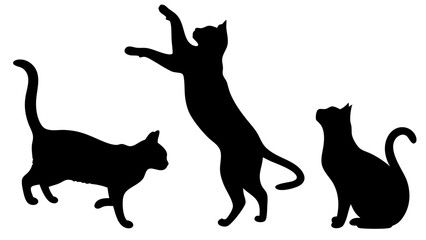 Cat silhouettes vector illustration set. Collection of black cat shapes in various poses, isolated on white background. Perfect for pet, animal, and decorative design projects.