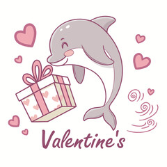 Creative SVG: Amused Dolphin with carrying a gift box in a Valentine Blush colored Valentine theme