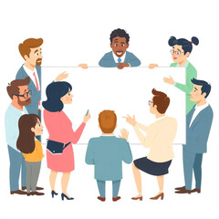 A group of nine consultants are brainstorming ideas around a whiteboard. Everyone is contributing ideas, and a few are pointing at the board or screen.