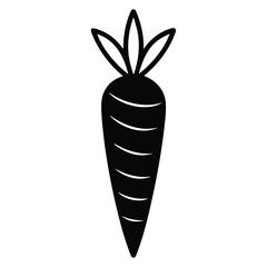 Simple black silhouette of a carrot with green leaves against a white background