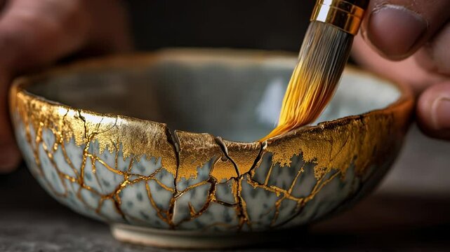 Delicate hands restore a cracked bowl using the ancient kintsugi technique, applying shimmering gold to celebrate its unique history and flaws. The artistry shines in a serene studio atmosphere.