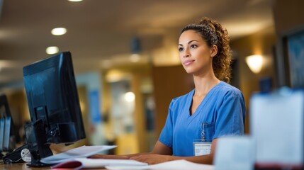 Confident female healthcare professional stands at the nurses station engaged in updating a patient register on a computer. Her concentration reflects the critical role of accurate