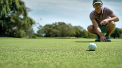Obraz premium A player is crouched down, focused intently on a golf ball poised on the green as they prepare to take a shot during a bright afternoon