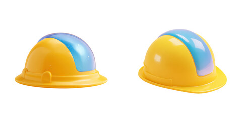 Two yellow safety helmets with blue stripe, construction, protection, hard hat, gear, industry, 3d render