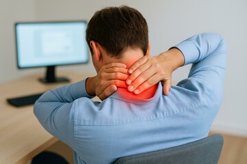 Office Syndrome: Man Suffering from Neck Pain at Desk – Ergonomic Awareness Concept