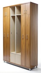 Modern wooden locker with storage compartments and shelving units, office furniture