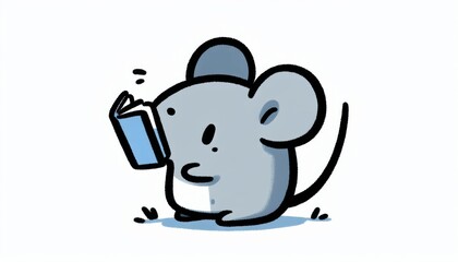 Fototapeta premium Cute Grey Mouse Reading a Blue Book