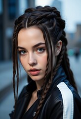 Young woman with braided hair in a black leather jacket close up portrait