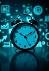 Close up of a black analog alarm clock with a blue toned background displaying abstract digital charts and graphs