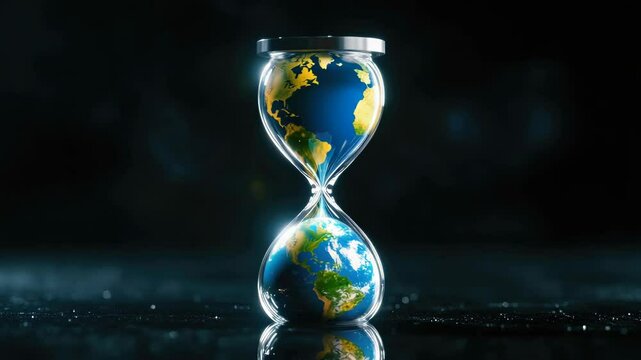 Earth inside a sand timer symbolizing the limited time we have to save it.