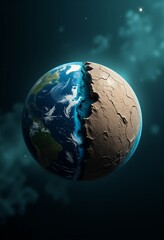 Earth globe split in two halves one vibrant and green with oceans the other cracked and barren brown