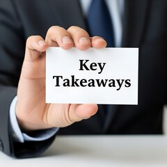 A business professional holding a card presenting the phrase key takeaways in a professional setting, jpg.