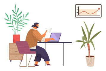 Focused woman using laptop at desk, surrounded by green plants and a wall chart showing upward growth. Ideal for workplace, productivity, analysis, growth, success, remote work, simple flat metaphor