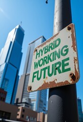 Rusted sign reading Hybrid Working Future attached to a pole against a backdrop of modern skyscrapers and blue sky