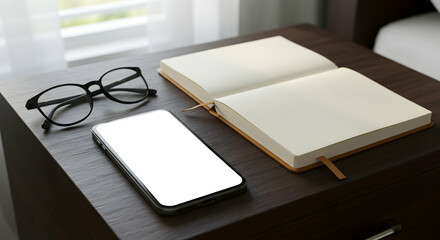 Modern minimalist workspace bedside table phone notebook glasses morning routine