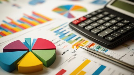 Closeup composition of a calculator alongside detailed financial analysis papers presenting a range of colorful pie and bar charts that represent an organizations performance metrics.