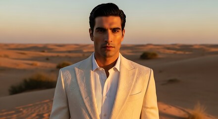 Portrait of an elegant man in a desert landscape at sunset,  A dapper model in a light suit at sunset in a golden desert