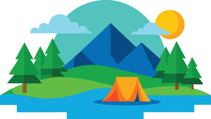 Serene Mountain Lake Camping Scene Illustrated Landscape