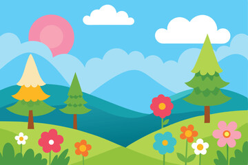 Fototapeta premium Vibrant Spring Landscape Illustration Colorful Flowers, Mountains, and Trees