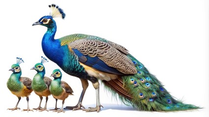 Obraz premium Proud Male Peacock Standing with a Group of Pea Chicks on White