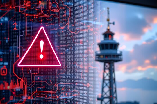 Cybersecurity Warning: A digital screen displays a prominent warning icon alongside a surveillance tower, capturing a sense of impending cyber threats, data breach risks.
