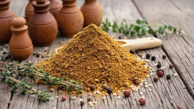 Zaatar spices, close-up of aromatic herbs and spices, rich earthy tones, shot in a warm, traditional Middle Eastern kitchen

