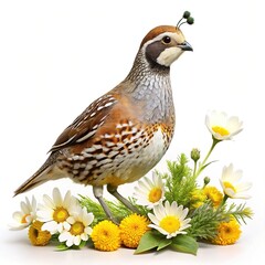 Beautiful California Quail amidst a bouquet of wildflowers on a white background