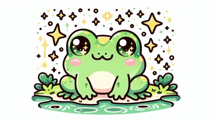 Cute Green Cartoon Frog Surrounded by Sparkling Stars