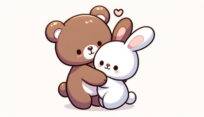 Fototapeta premium Brown Bear and White Bunny Hugging Cute Cartoon Illustration