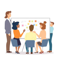 Obraz premium A group of six employees are brainstorming ideas around a whiteboard. The atmosphere is professional yet relaxed.