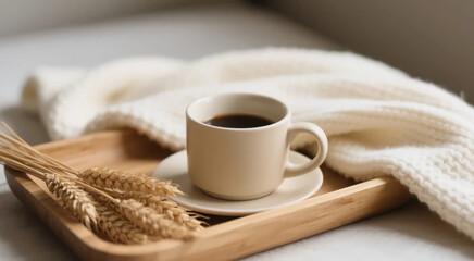 Cozy Morning Coffee, Beige Mug on Wooden Tray with Cream Blanket and Dried Wheat