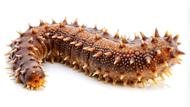 Detailed closeup of a spiky brown sea cucumber on a white background