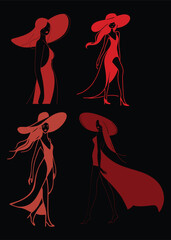Create a vector illustration of a fashionable woman in a flowing red gown, standing in a dynamic and elegant pose