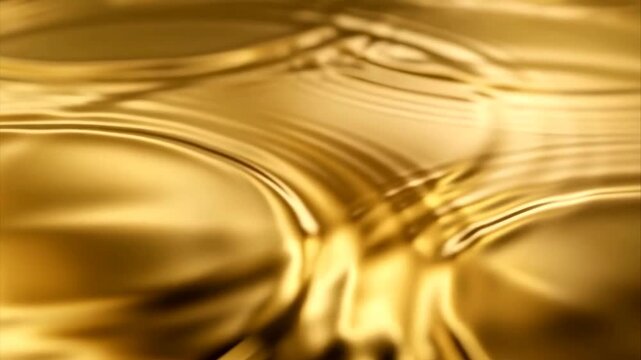 Abstract close-up of a luxurious golden liquid surface with mesmerizing ripples as the camera slowly pulls back