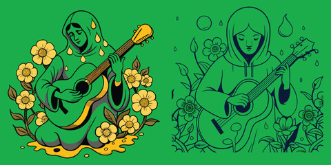 Surreal Floral Sculpture of Hooded Woman Playing Guitar Made from Layered Petals and Cascading Flowers-