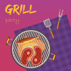 Grill party banner, steaks and fish on a grill with tools. For summer BBQ and cookout. 