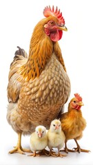 Fototapeta premium Proud mother hen stands tall with her chicks protecting them from danger