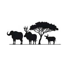 Silhouette african wildlife scene with elephant deer and tree vector graphic