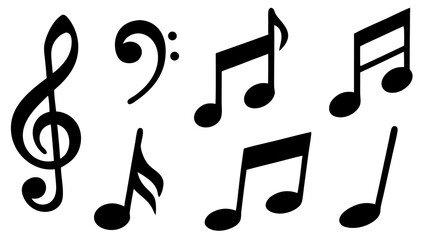 Fototapeta premium Music notes icon set in vector style. Collection of black music note symbols including eighth notes, quarter notes, and rests, isolated on white background. Ideal for music and audio design.