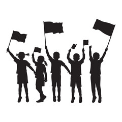 Silhouette of children celebrating with flags raised in joy and unity together